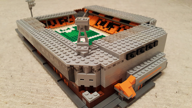 Lego model of Tannadice showing the outside of the East stand