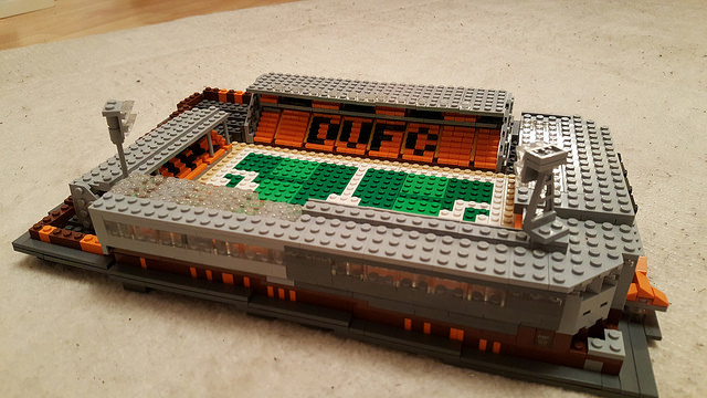 Lego model of Tannadice showing the outside of the Jim McLean and Jerry Kerr stands