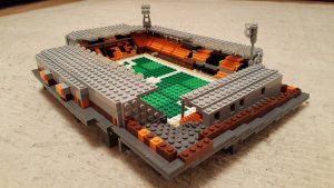 Lego model of Tannadice showing the view behind the shed stand