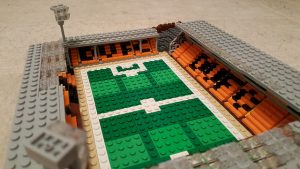 Lego model of Tannadice showing the view towards the shed stand