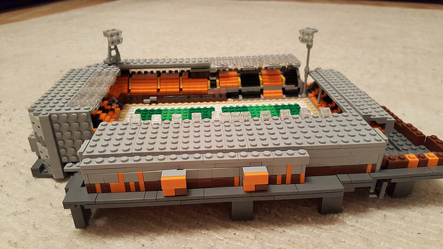 Lego model of Tannadice stadium showing the outside of the George Fox stand