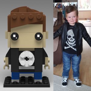 Computer rendering alongside a photo of the boy represented in the Lego Brickheadz style