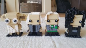 Dobby, Lucius, Draco and Bellatrix represented in the Lego Brickheadz style