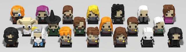 Computer rendering showing various Harry Potter characters represented in the Lego Brickheadz style