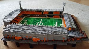 Lego model of Tannadice showing the view from outside the George Fox stand