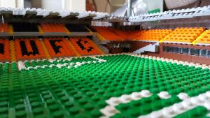 Lego model of Tannadice showing the pitch level view towards the tunnel